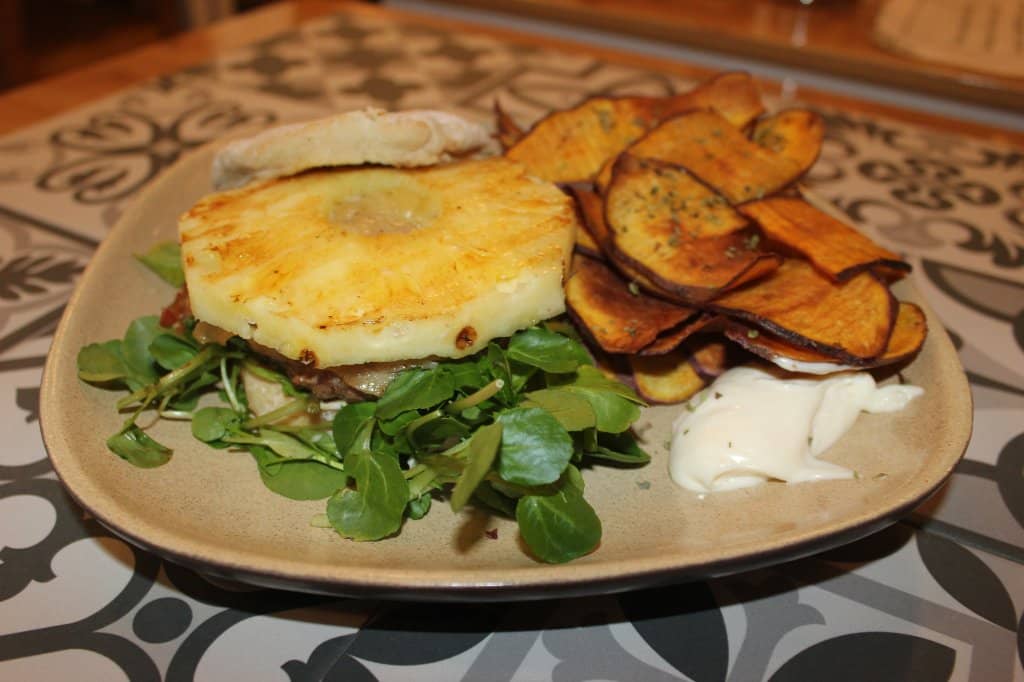 Pineapple Burger with Sweet Potato Fries