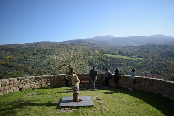 The Talking Olive Tree and view of Mount Amiata