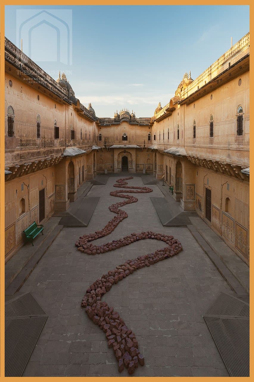 River of Stones, is a contrast between solidity and fluidity. Using local red standstone sourced from the Aravalli mountains, this work connects us to the landscape around us, to local materials and traditions, to sacred rivers in India running like an axis through the courtyard.