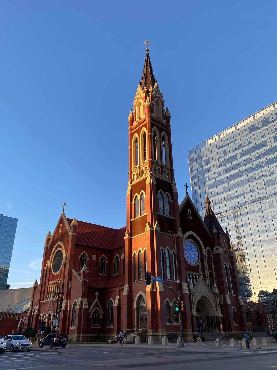 It was a bit unusual to find the church doors locked and no way to visit.  We did what we could and wandered around the outside checking out the architecture and stained glass windows.  Nice contrast to the modern skyscrapers nearby.