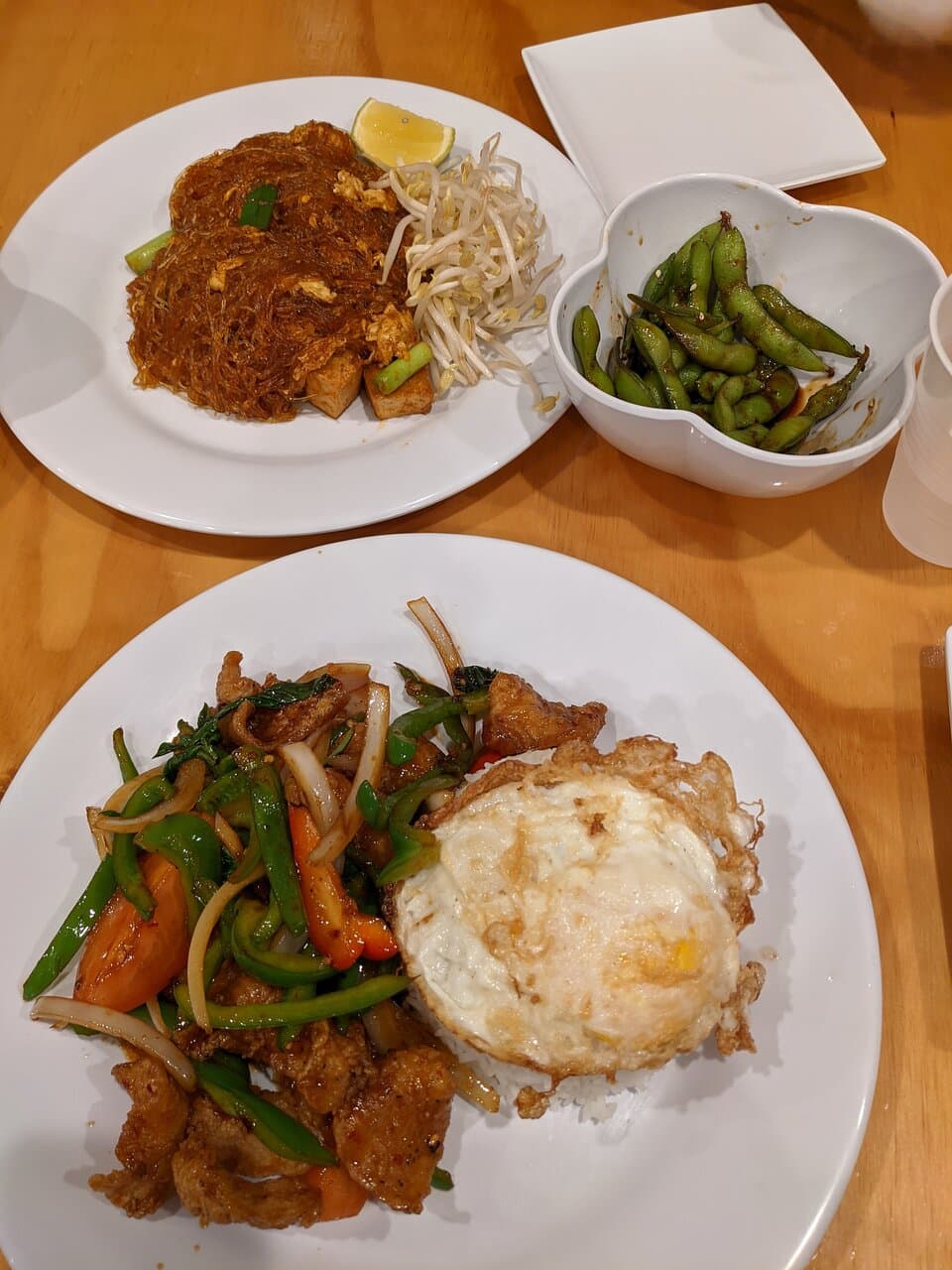 Chili Basil Fish, glass noodle pad Thai, Spicy edamame