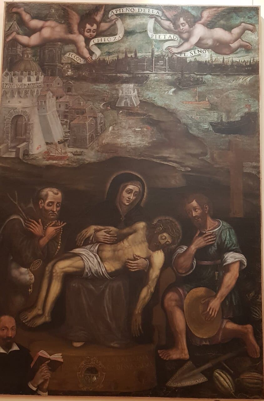   Apparizione della Madonna della Navicella. Anno 1629. . Visibile la laguna di Venezia con il Bucintoro.  