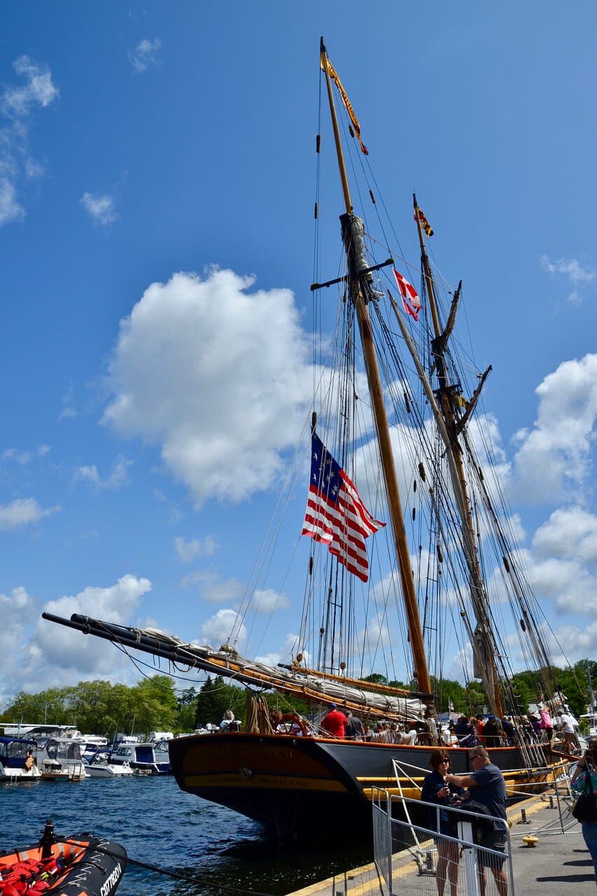 Tall ship docked along Midland Harbour pier
