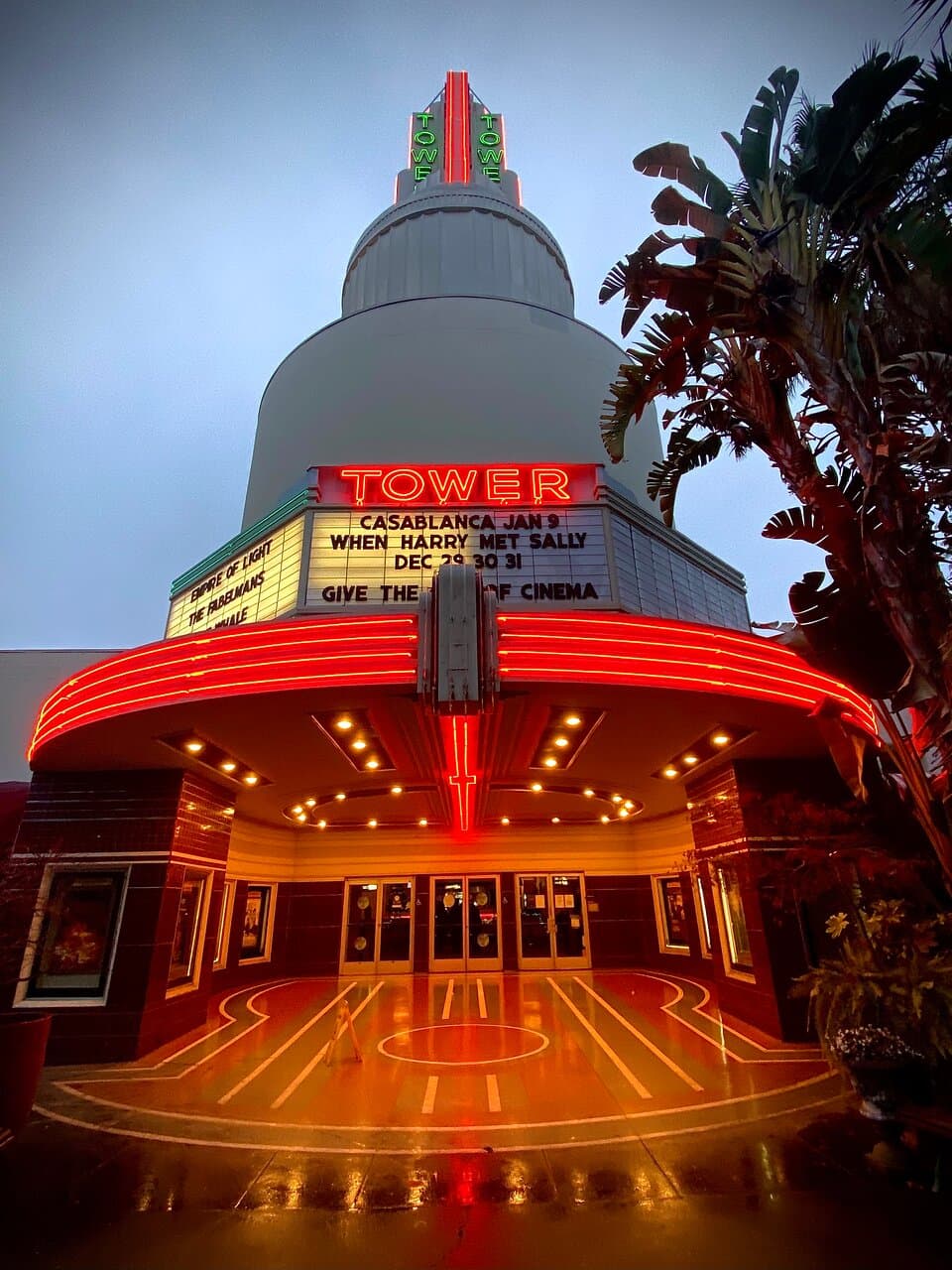 Entrance to a classic movie theatre that will take you back in time.