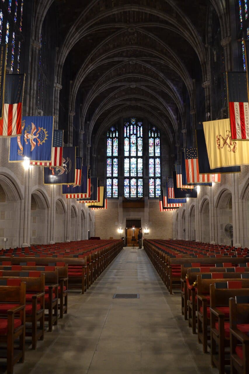 A view up the aisle at the Cadet Chapel at West Point.