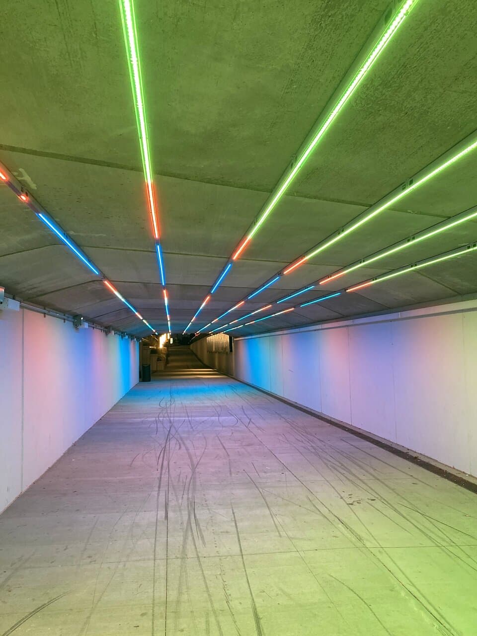 The underpass is lit beautifully at night.