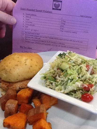                   Salmon burger, slaw, sweet potato fries from scratch...yum!
                
