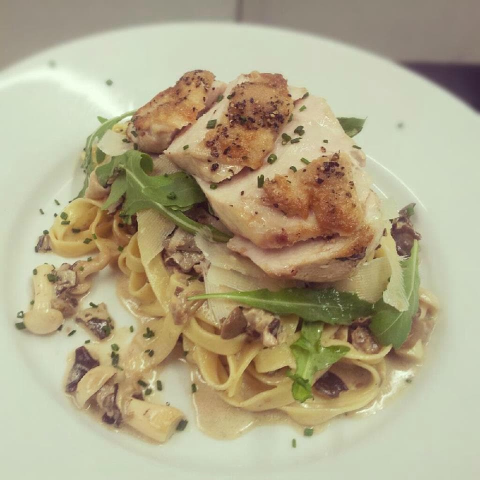 Pan Fried Chicken, Wild Mushroom tagliatelle