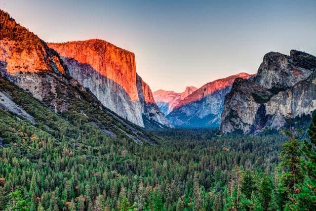 Sunset coloring El Capitan and Half Dome