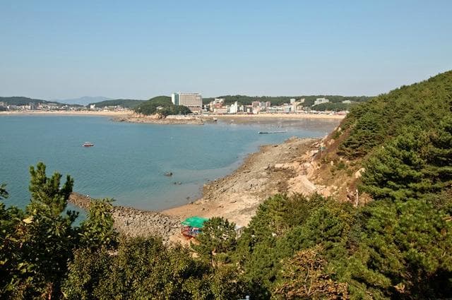 Вид на море и пляж с холма