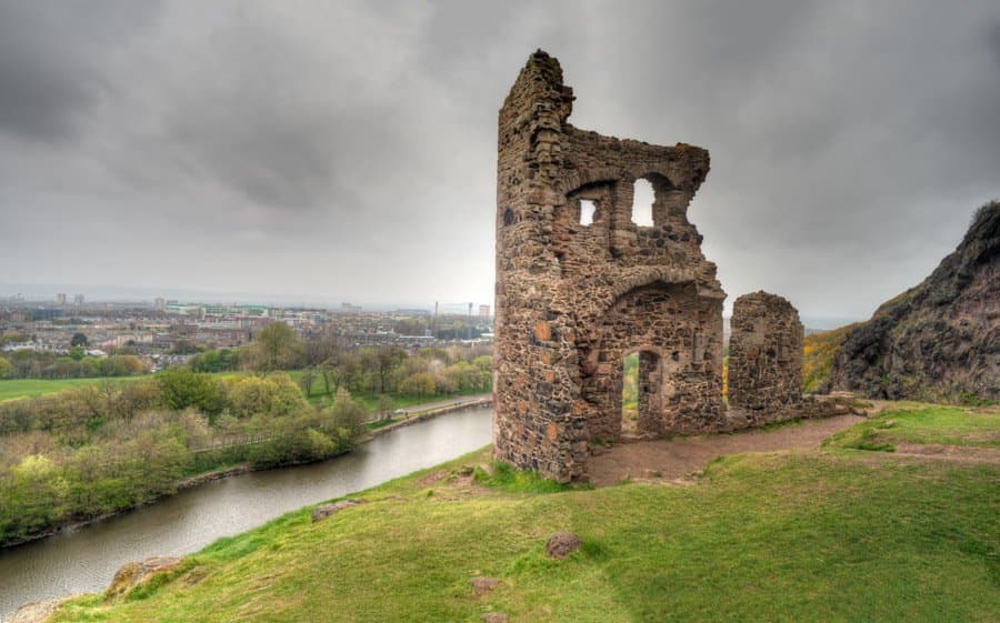 St Anthony's Chapel with St Margaret's Loch and the city of Edinburgh visible below
