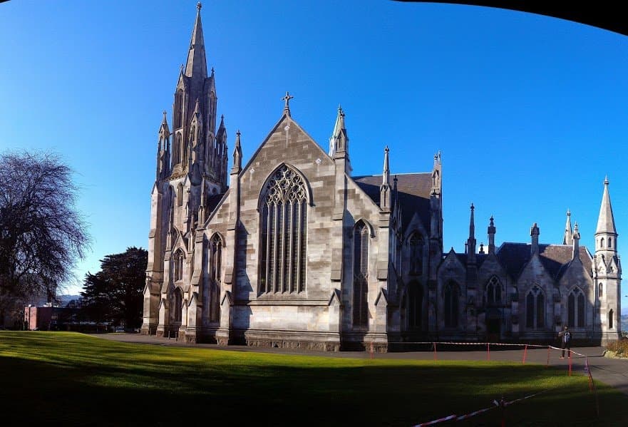 Wide shot of the church and joining building.
