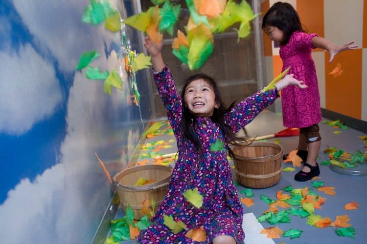 Seasonal activities in the "Wind Tunnel" exhibit include fall leaves, snowflakes & butterflies 