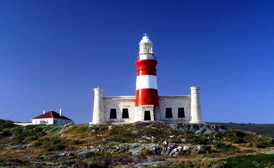 The Cape Agulhas Lighthouse, located in L'Agulhas, at the southernmost tip of Africa.