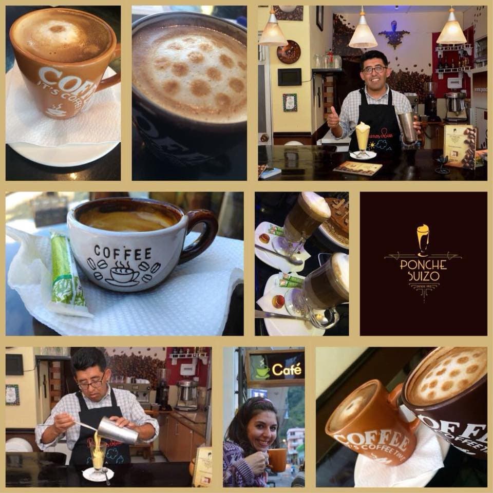 Es una descripción  visual del producto Ponche Suizo y la gran variedad de Cafés que ofrecemos .