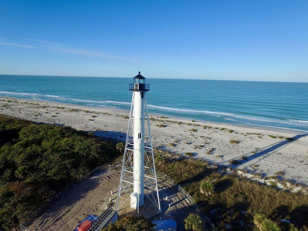 Aerial view of Gasparilla Island Lighthouse during restoration.