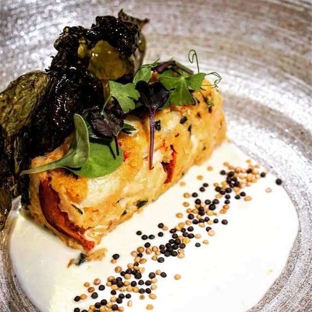 Lobster cake, Frenchman's bay kelp, meyer lemon cream, raw mustard.