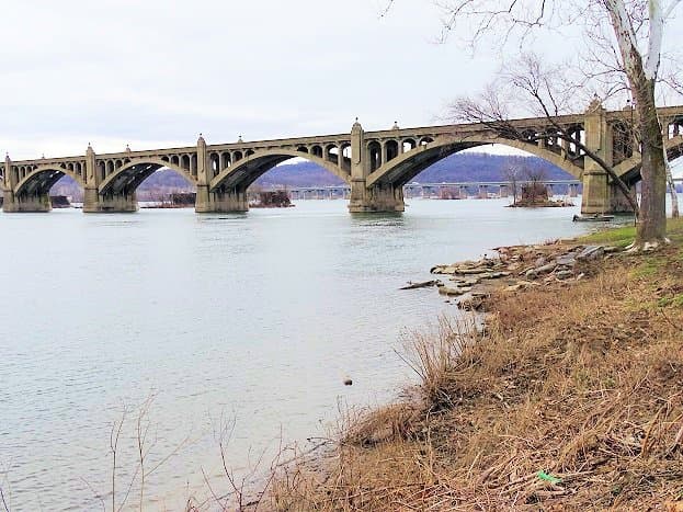 view of the bridge and you can see the remains of the original bridge