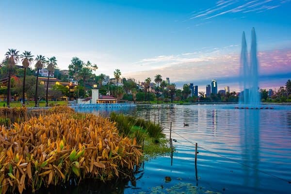 1/13/19 - The sunrise at Echo Park Lake is so beautiful! Here the clouds turn a pinkish color before the sun rises above nearby buildings.