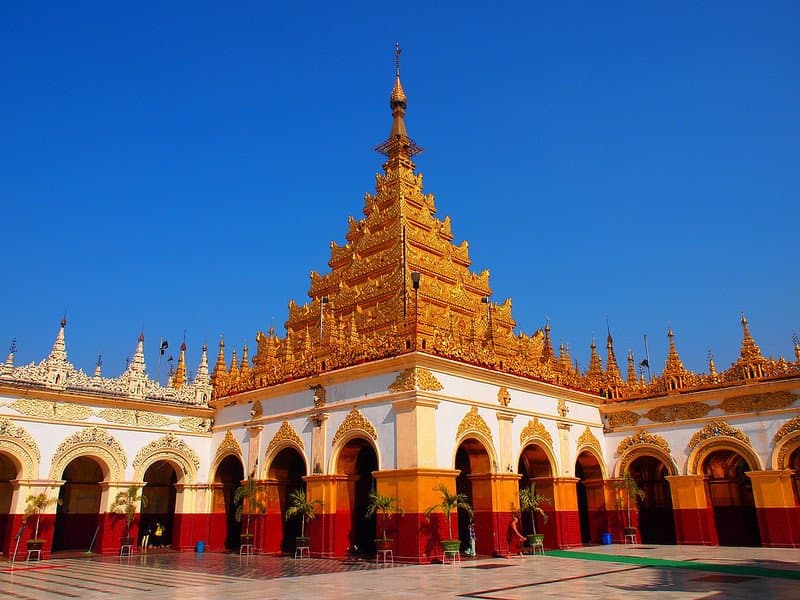 The Mahamuni Pagoda or Mahamuni Buddha temple is one of the most important Buddhist pilgrimage sites in Burma.  The temple houses the Mahamuni Buddha image, the most highly revered Buddha image in the country. The pagoda was built in 1785 by King Bodawpaya of the Konbaung dynasty after the Mahamuni image was captured during the invasion of the Arakan Kingdom.