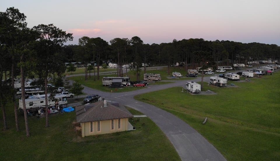 View from the west end of the park overlooking the front bathhouse and the lower numbered RV sites.