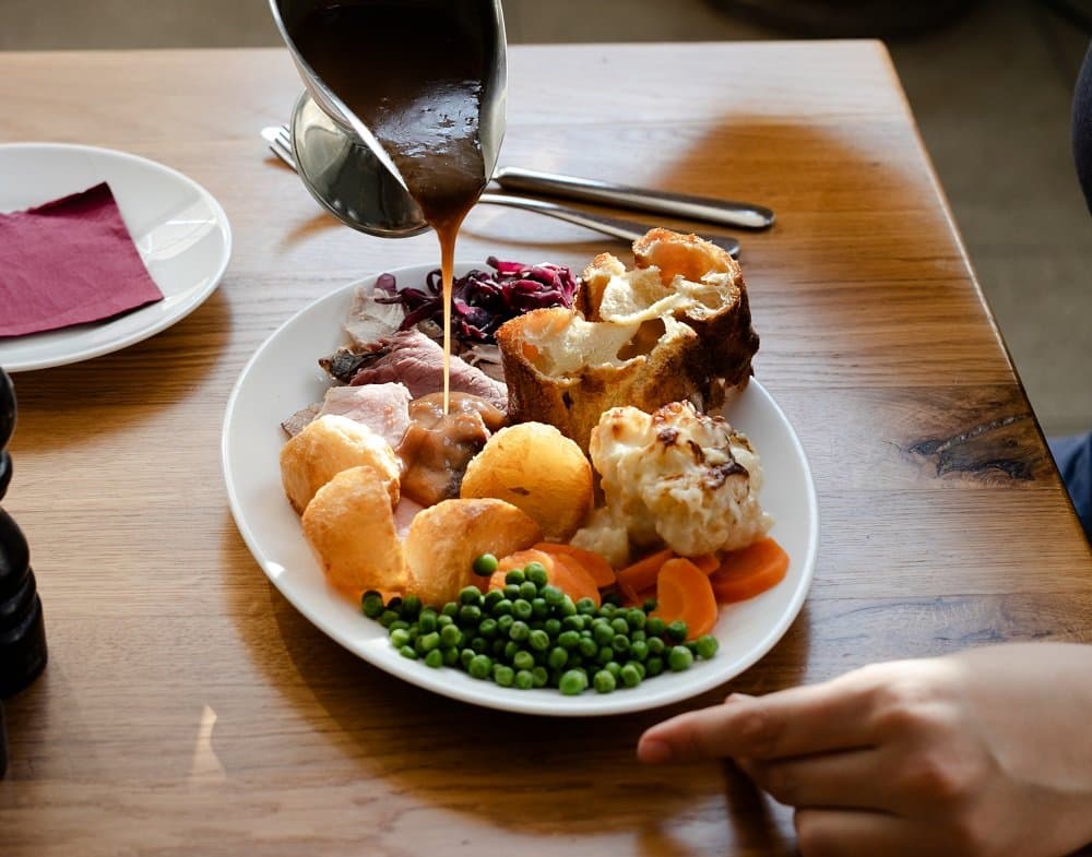 A selection of pork, beef, ham, turkey & lamb. A wide choice of seasonal vegetables, roast and mashed potatoes, stuffing, cauliflower cheese, Yorkshire puddings and gravy. Gluten-free Yorkshire puddings, stuffing and gravy is available, please tell your waiter when ordering.