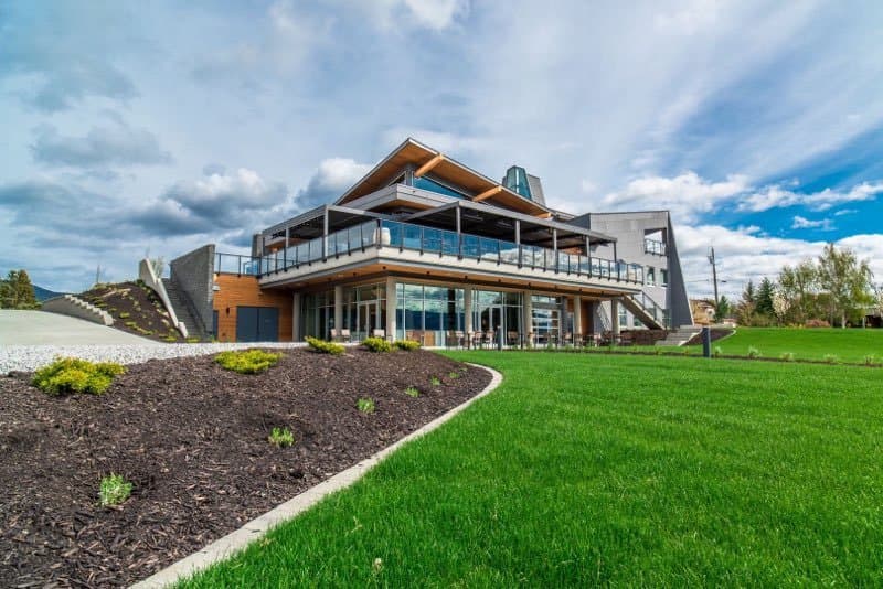 Mt. Boucherie Estate Winery entrance - our Wine Experience Centre which opened 2020 is home to our tasting room on the lower floor, the Modest Butcher Kitchen + Market on the main floor as well as space for private events throughout the building. 