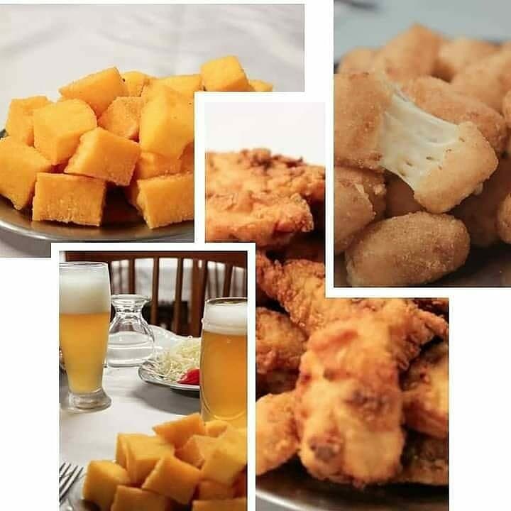 Filé de tilapia, polenta, queijo, salada e chopp gelado.