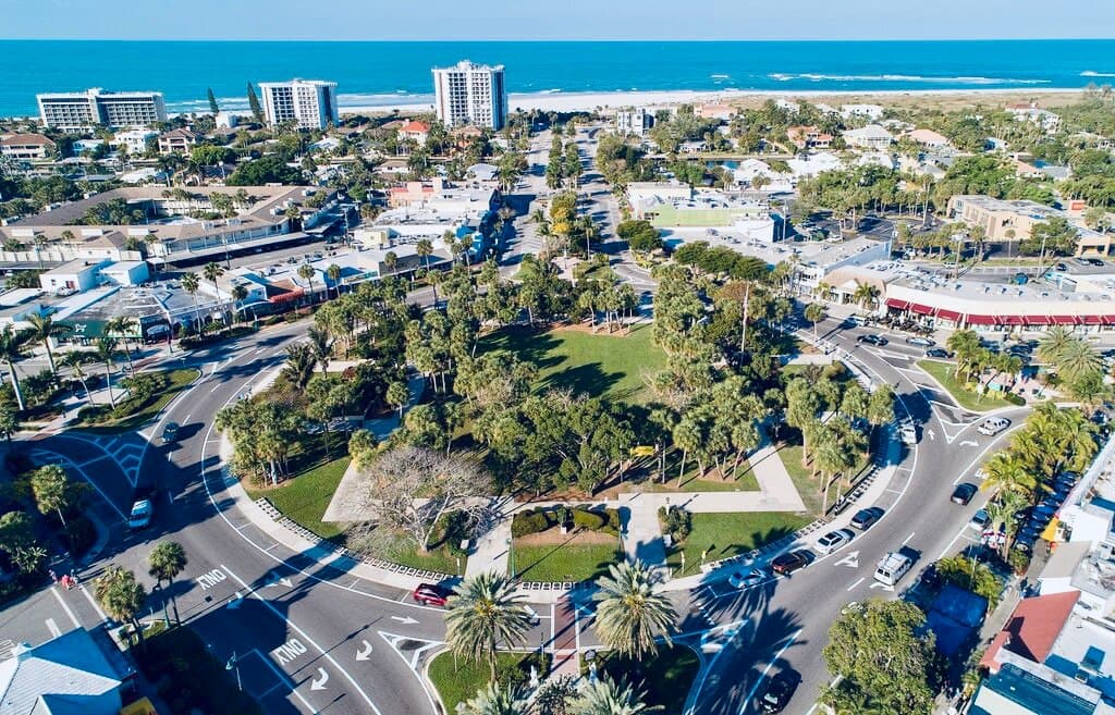 Beautiful and historic St. Armands Circle, just steps away from the blue waters of Lido Beach.