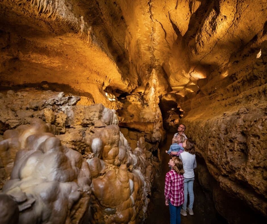 Family walks past large stalagmites