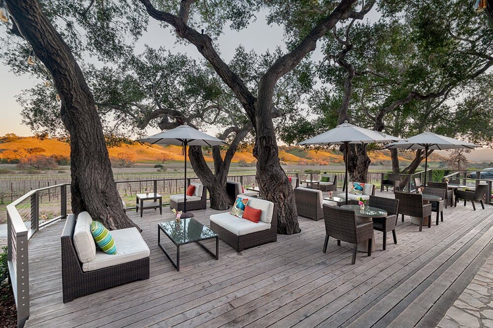 The deck surrounded by 100+ year old oak trees with a picturesque background.