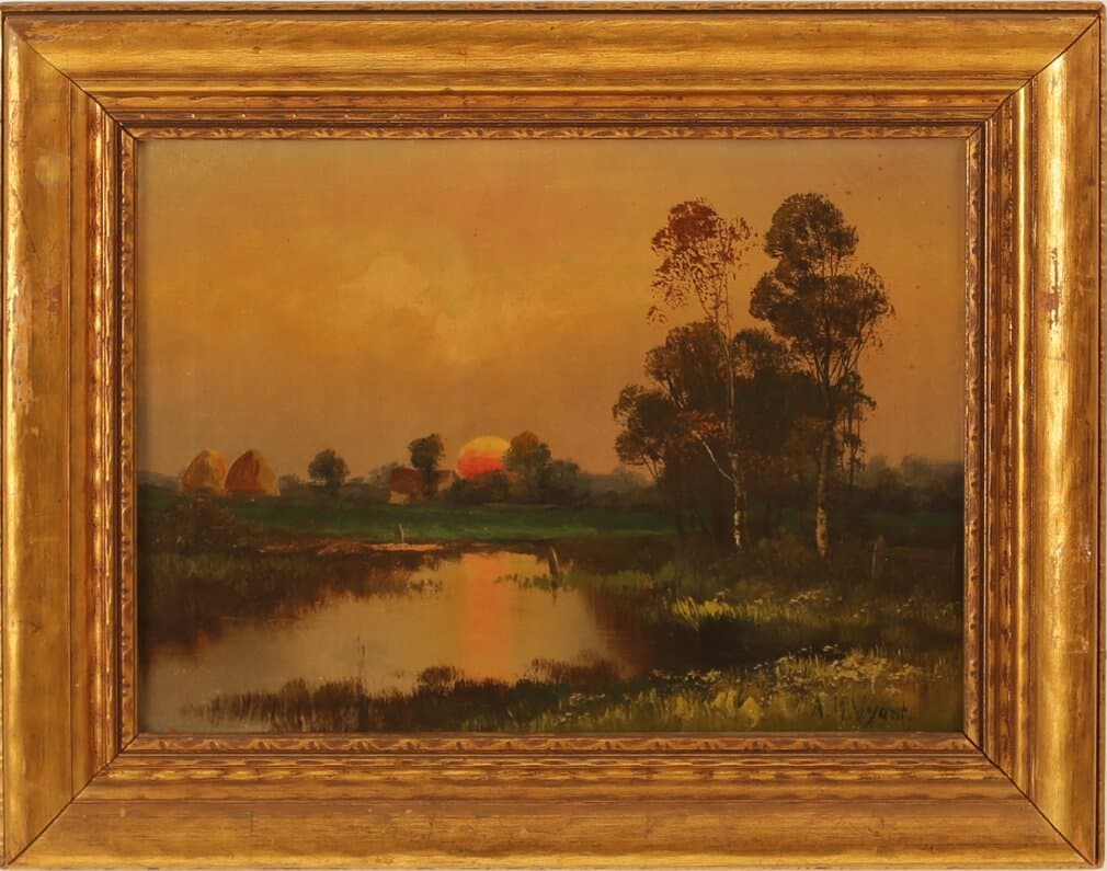 ALEXANDER HELWIG WYANT (AMERICAN 1836 - 1892) FARM POND AT SUNSET Oil on canvas, 8.5 x 11.5 inches/Signed lower right