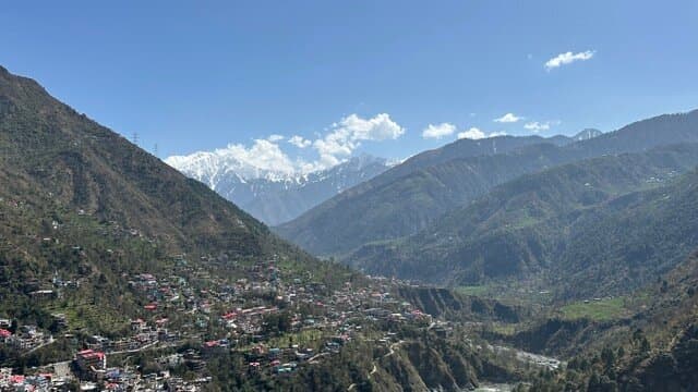 View of snow clad mountains from the temple