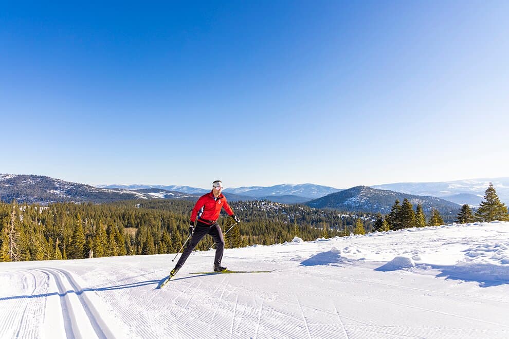 A person cross country skiing on a groomed trail in a snowy, mountainous landscape with clear blue skies and evergreen trees in the background.