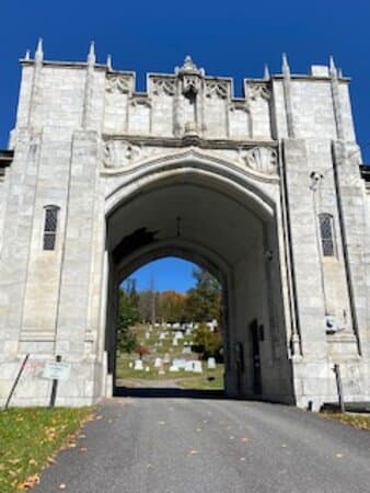Concrete gated entry to Green Mount Cemetery.