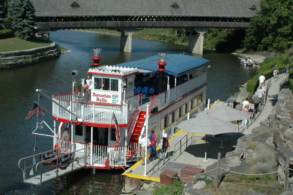 The Belle at her dock.  Covered Bridge in background.