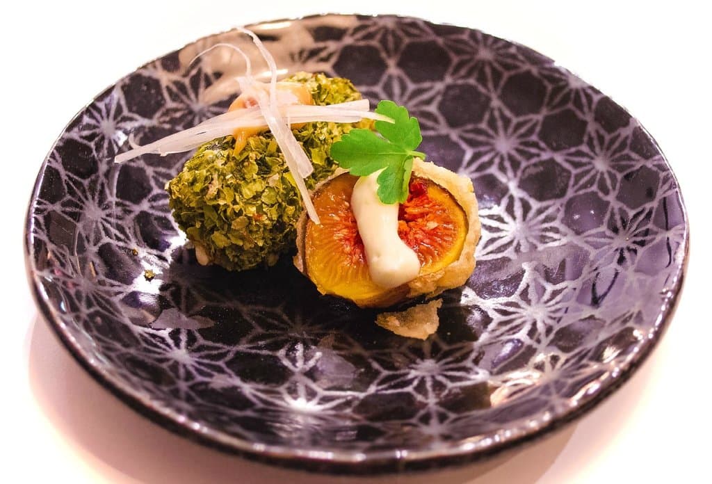 Purple Fig Tempura with Aonori Cream Cheese Crust