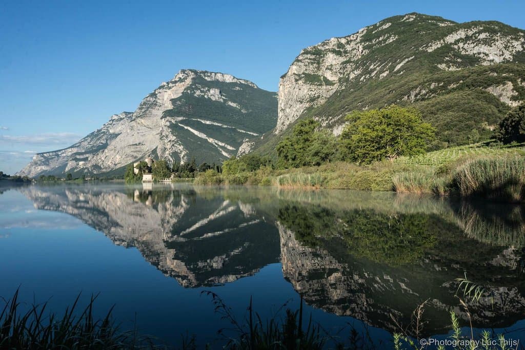 Lake Toblino seen in the early morning with the Monte Casale and the Picol Dain at the back