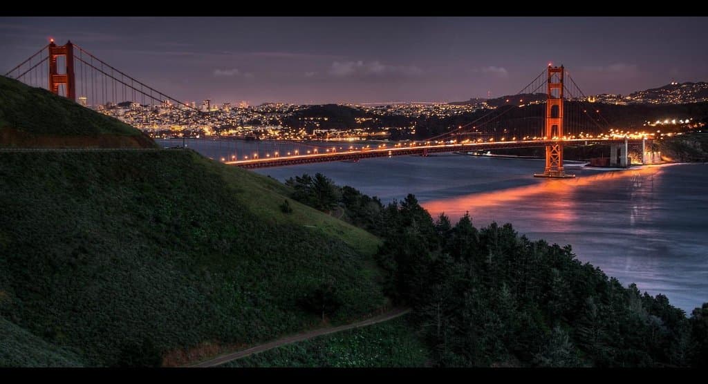 blue hour view of the golden gate