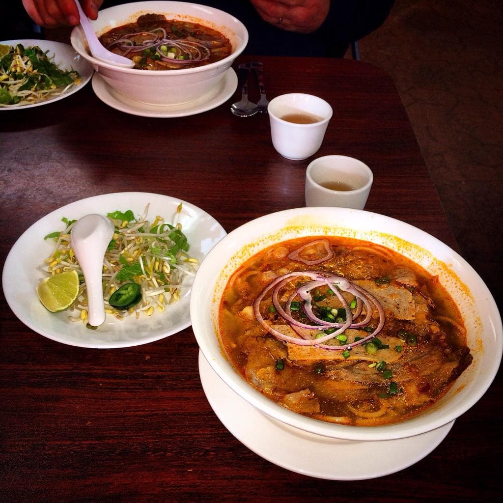 The specialty of the Huê region of Vietnam - Spicy Beef Noodle Soup with brisket and pork