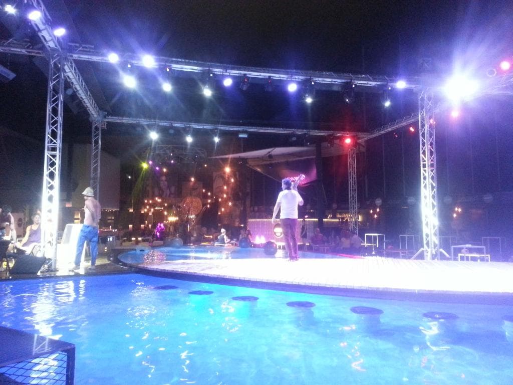 By the hotel, looking out to the pool