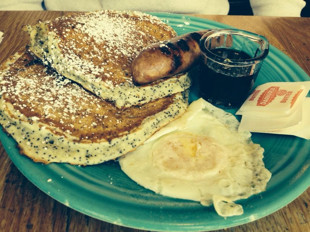 Lemon poppyseed pancakes with chicken apple sausage and egg