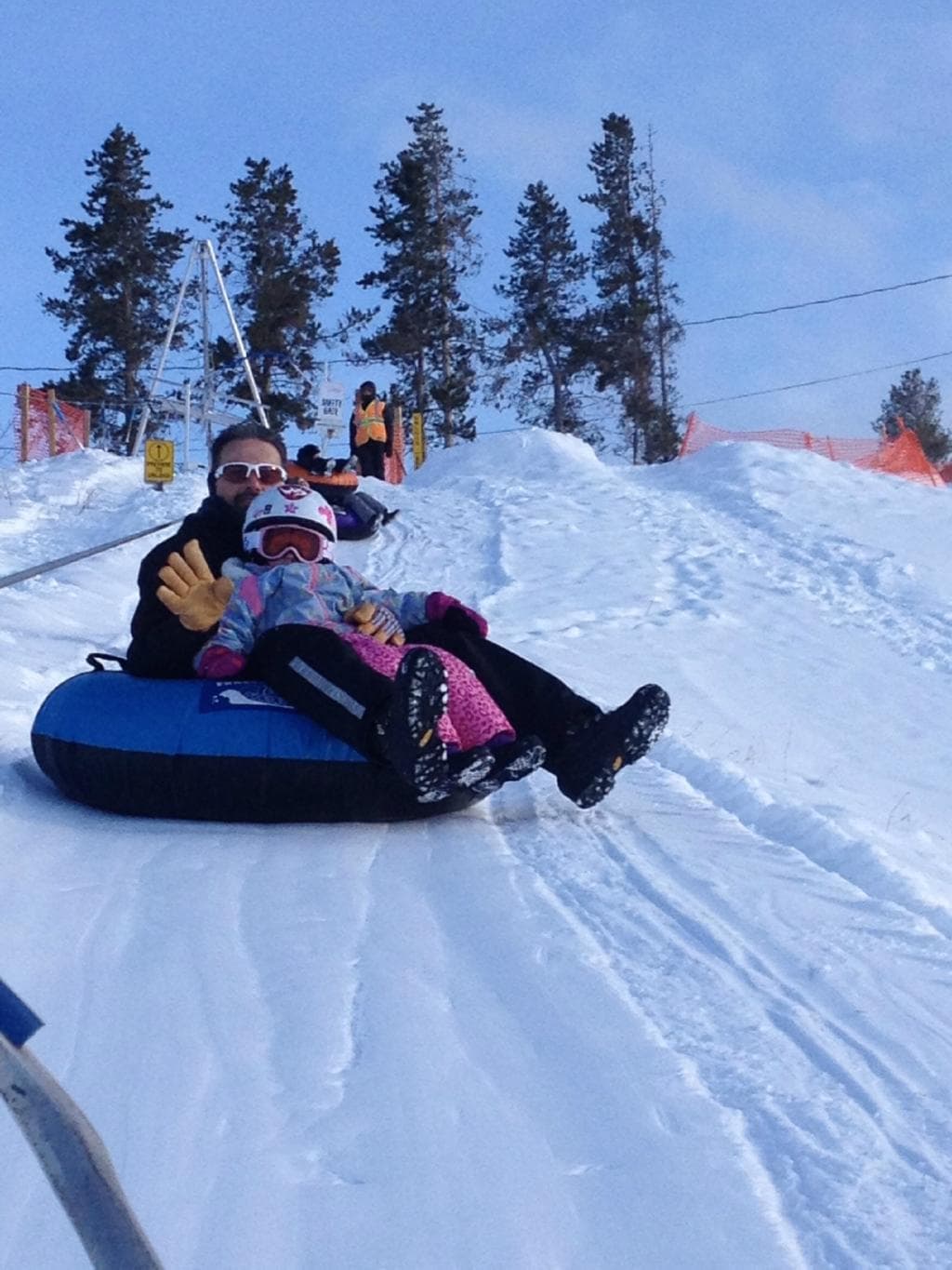 Riding the lift up the hill
