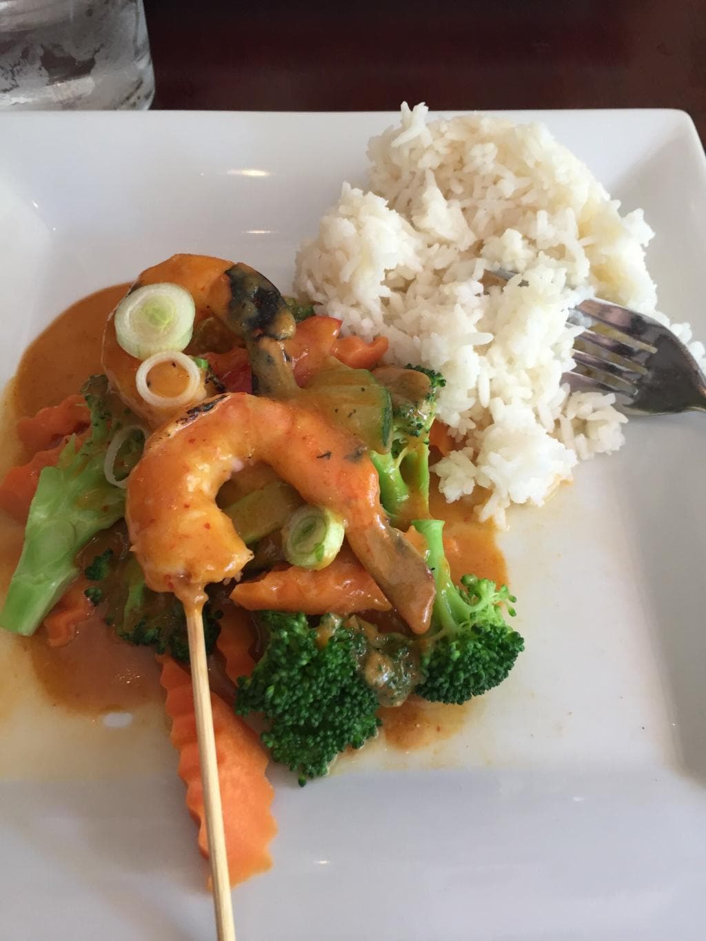 Dining area. Shrimp satay. Marinated beef