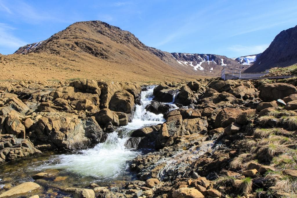 waterfall next to boardwalk