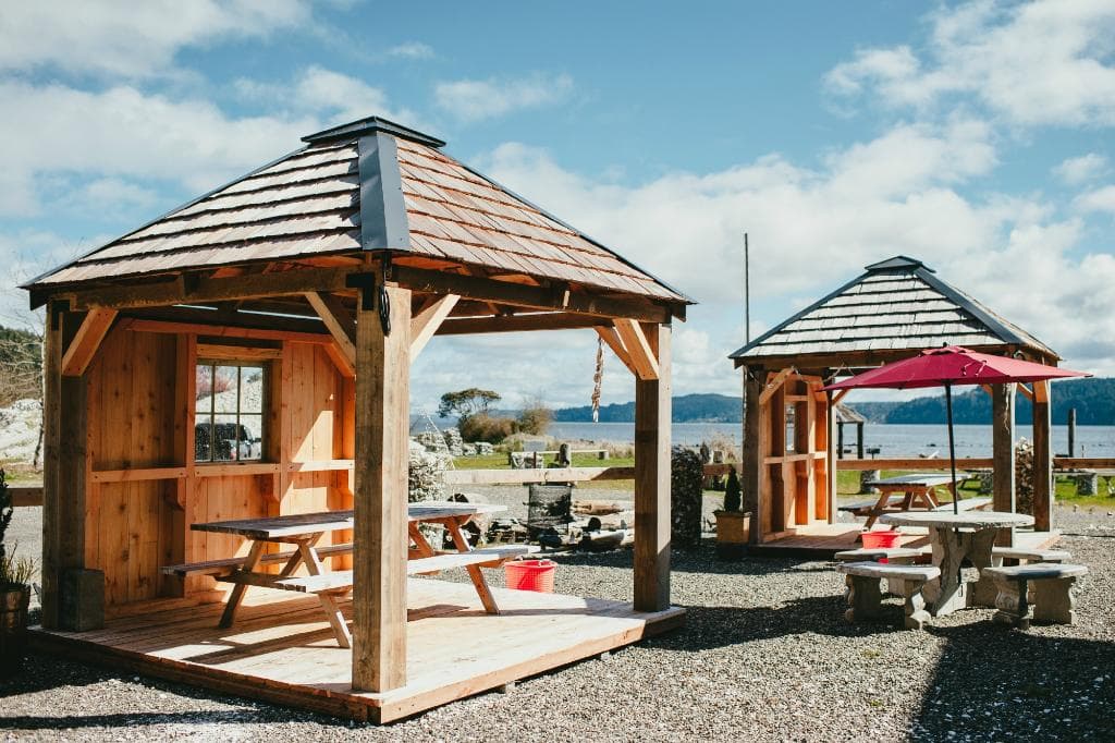 The eating huts in the Oyster Saloon are built our of timber we grew and milled on-site.