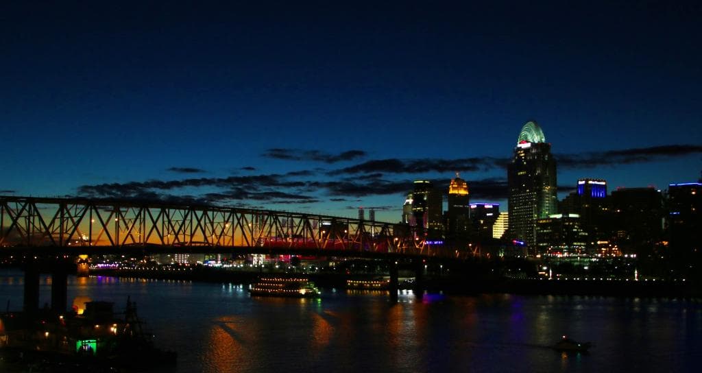 Nighttime View of Downtown Cincinnati (From Newport KY) Near Pedestrian Bridge