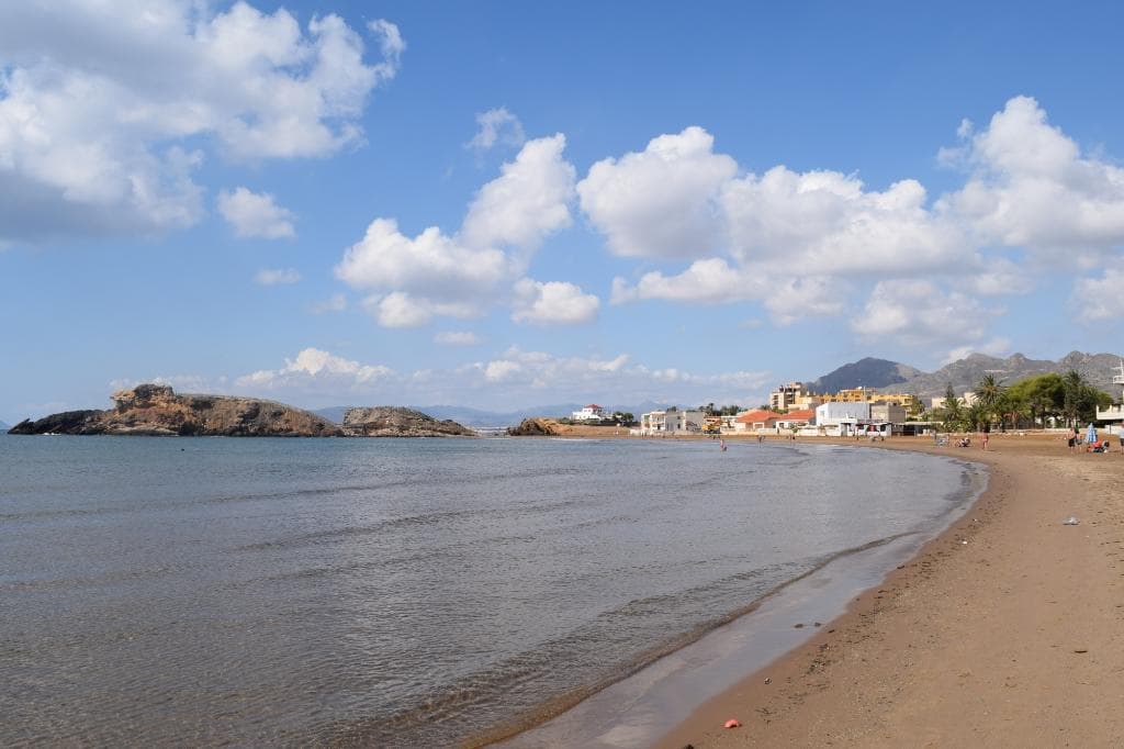 Looking along the beach towards the mirador Cabezo del Gavilan