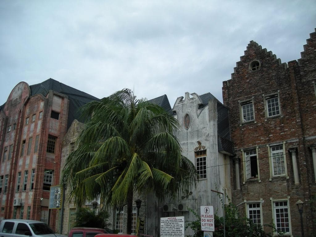 The three–story Village of St. George was built to resemble an eclectic European village. 