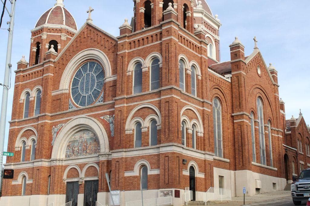 Underwood view of the front of the historic church.